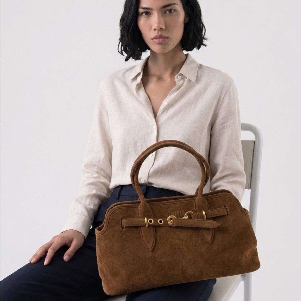 Miu Miu Brown Suede Belt-Accent Shoulder Bag